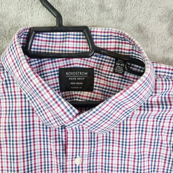 Mens Nordstrom Tech-Smart Red Blue White Check Classic Fit Long sleeve Shirt 19 - Picture 3 of 8